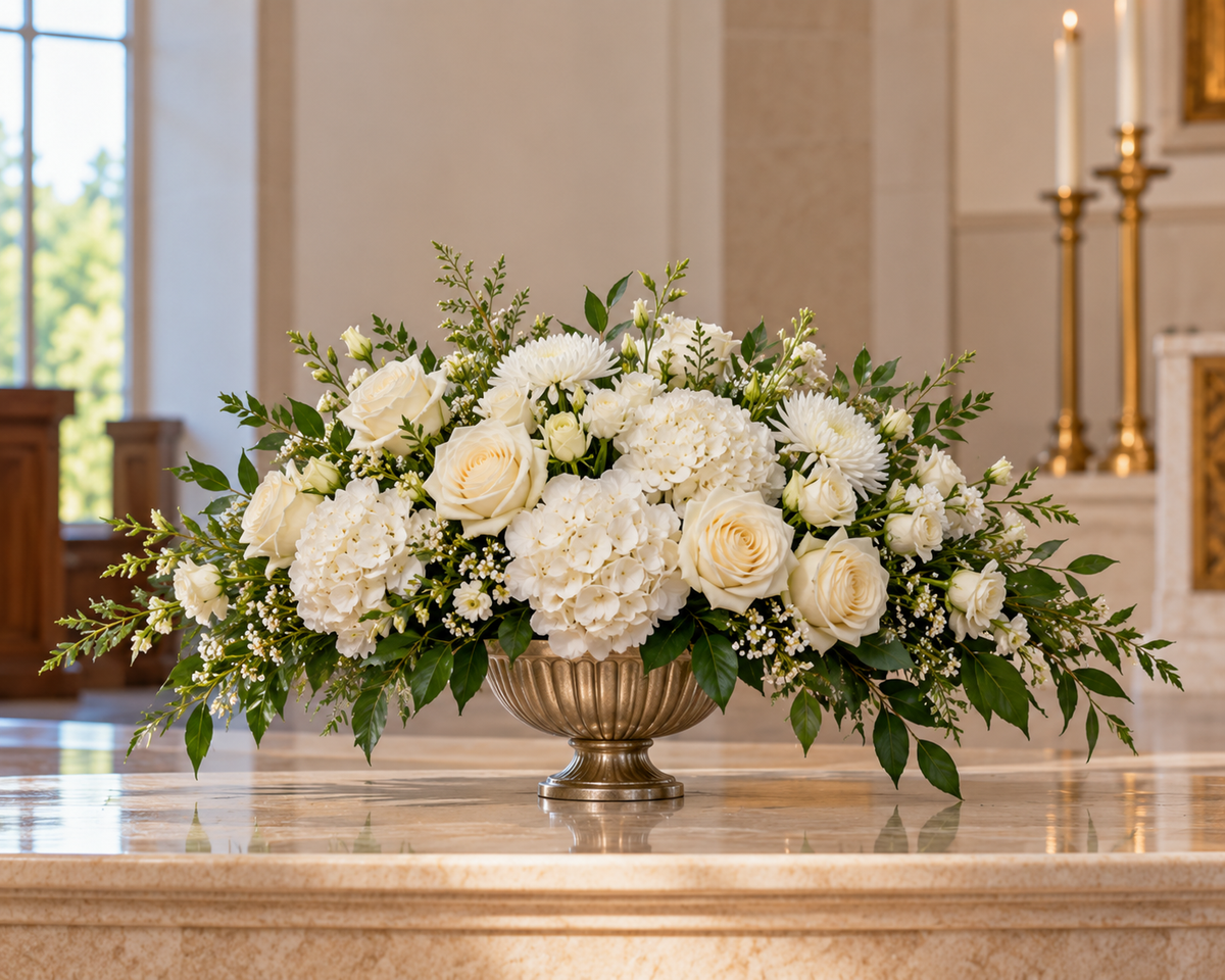 Graceful Memories low white rose hydrangea and green foliage memorial altar arrangement in elegant gold urn shaped vessel