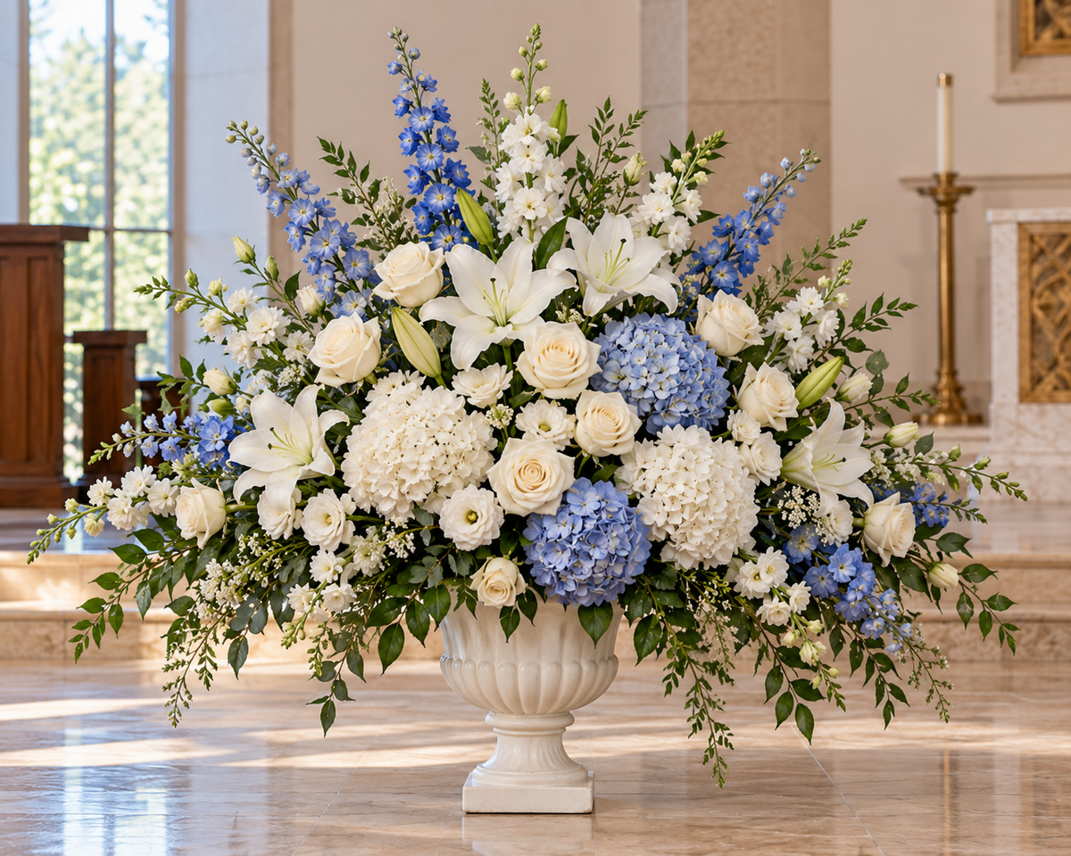 Heavenly Comfort blue and white premium sympathy floral arrangement with blue delphinium and hydrangea and white lilies in tall white urn