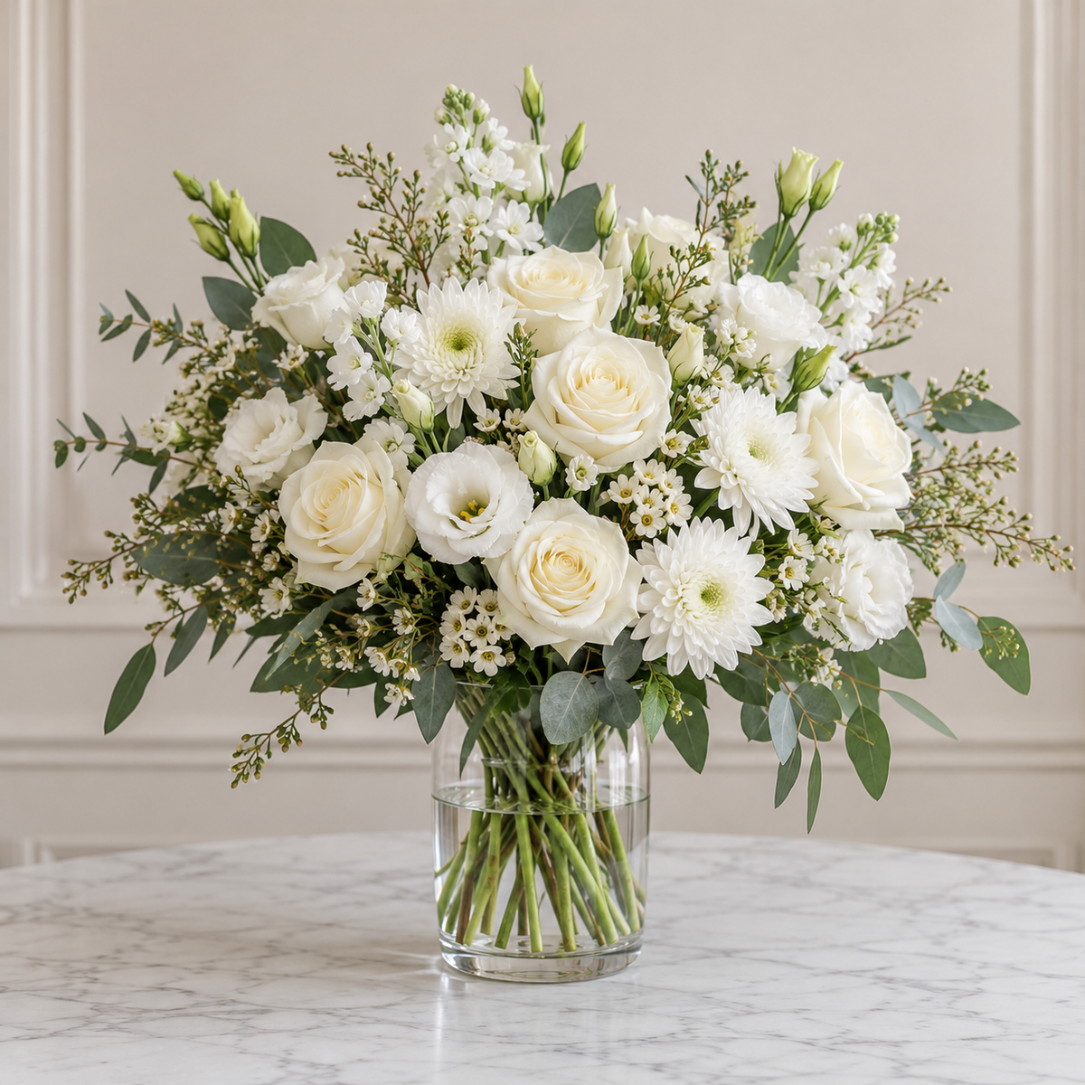 Elegant Whites floral arrangement by Flowers Planet