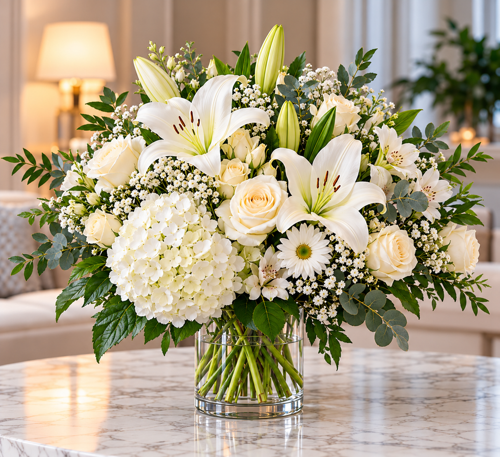 Elegant Whites alternate floral arrangement view by Flowers Planet