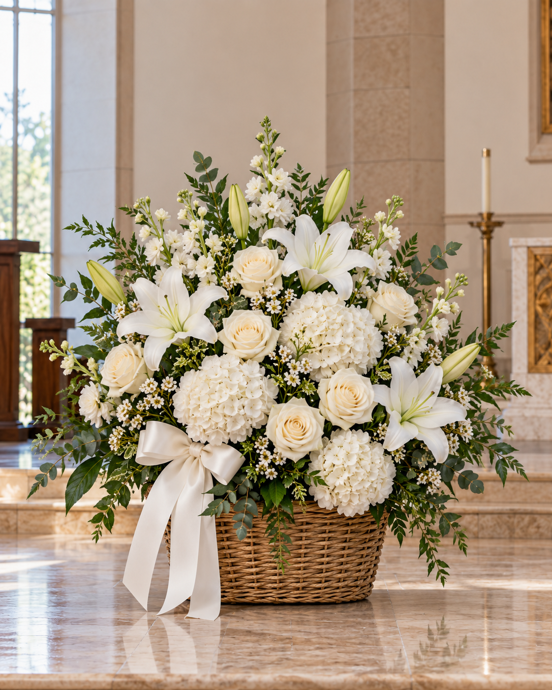 Heartfelt Sympathy Basket ivory roses white lilies hydrangeas and greenery in a woven sympathy basket with cream ribbon