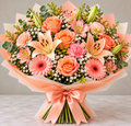 Peach Glow hand-tied bouquet by Flowers Planet