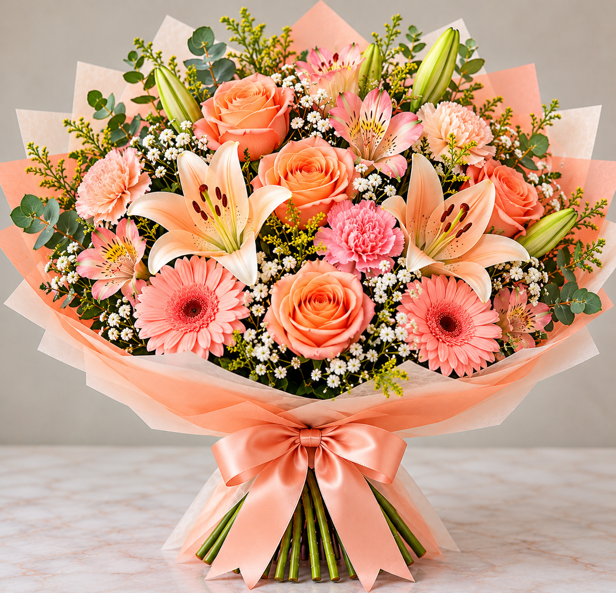 Peach Glow hand-tied bouquet by Flowers Planet