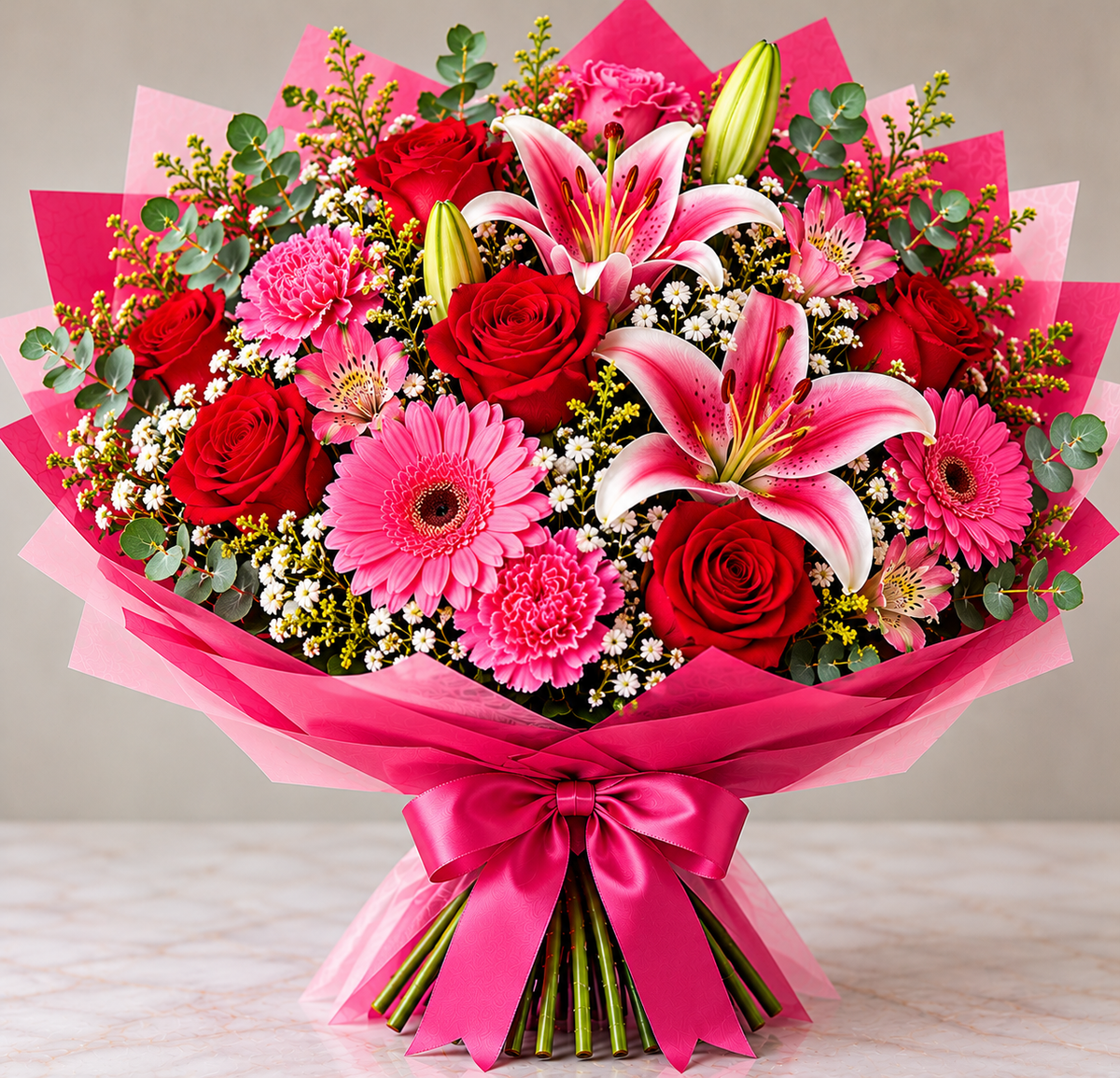 Pink Harmony hand-tied bouquet by Flowers Planet