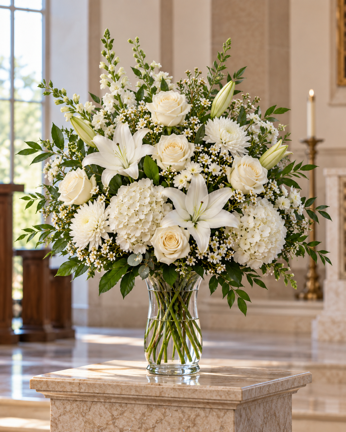 Serene Blessings Bouquet white roses and white lilies with greenery arranged in a clear glass vase on a stone table