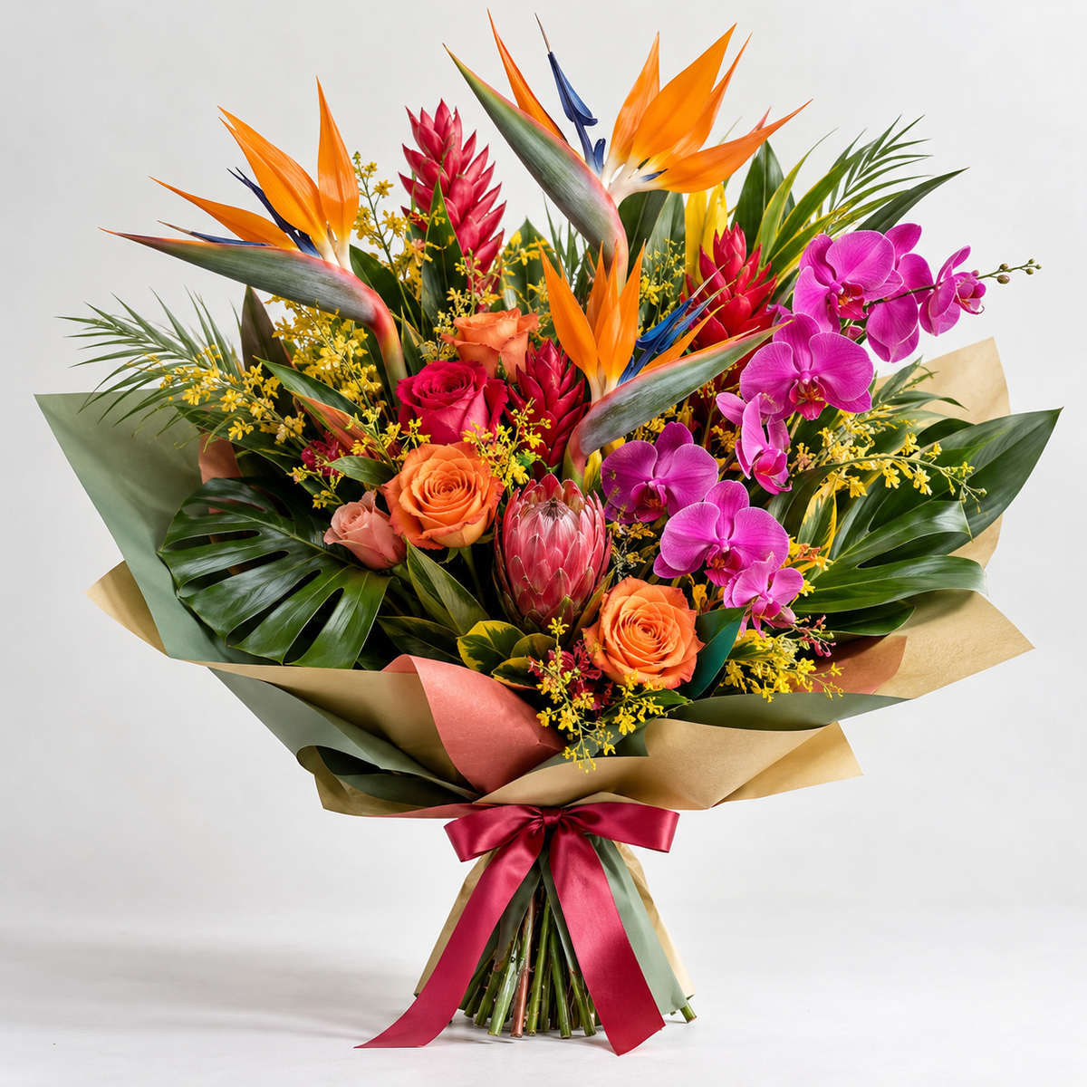 Tropical Bloom hand-tied bouquet by Flowers Planet