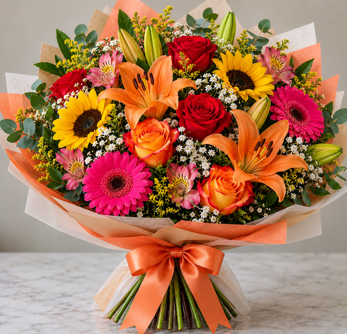 Coral Charm hand-tied bouquet by Flowers Planet