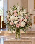 Tender Remembrance blush pink and ivory roses with white flowers in clear glass vase sympathy bouquet
