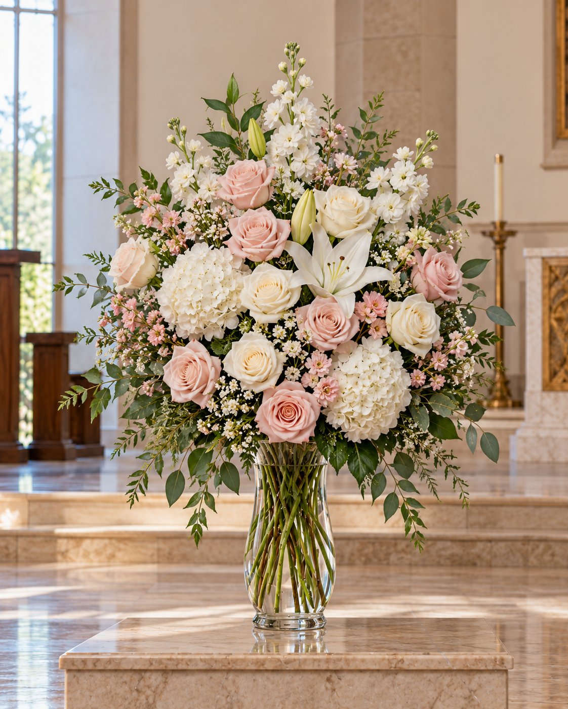 Tender Remembrance blush pink and ivory roses with white flowers in clear glass vase sympathy bouquet