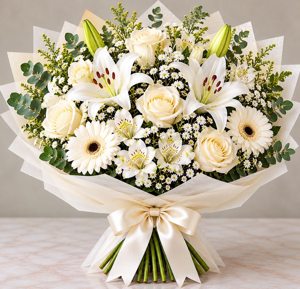 White Elegance hand-tied bouquet by Flowers Planet