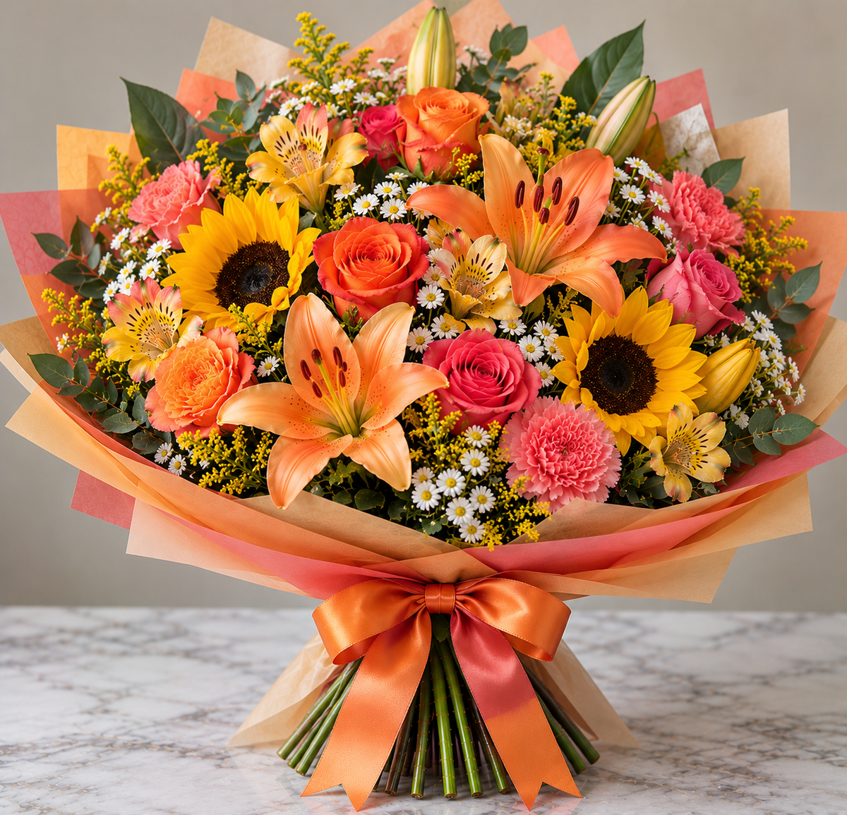 Sunset Glow hand-tied bouquet by Flowers Planet