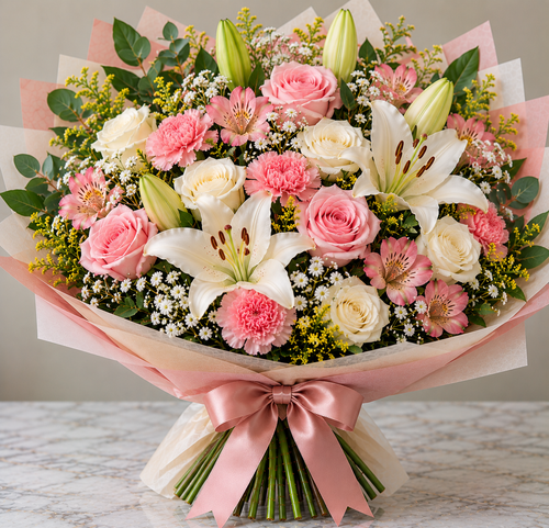 Blush & White hand-tied bouquet by Flowers Planet