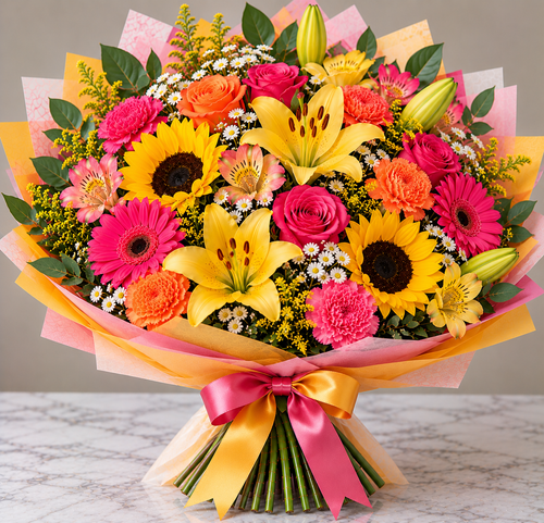 Bright & Happy hand-tied bouquet by Flowers Planet