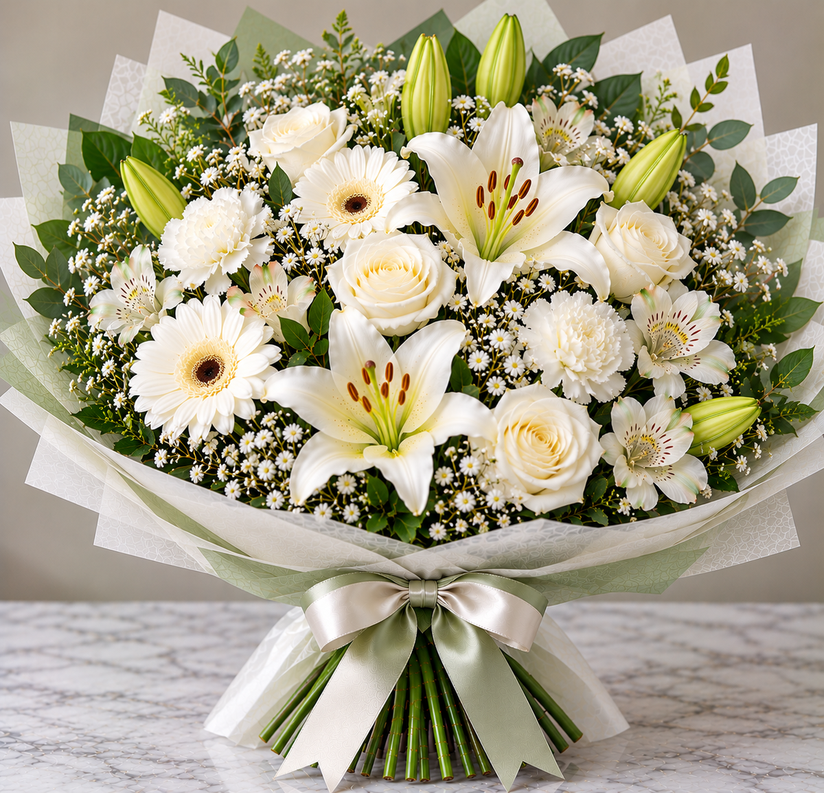 Serene Whites hand-tied bouquet by Flowers Planet