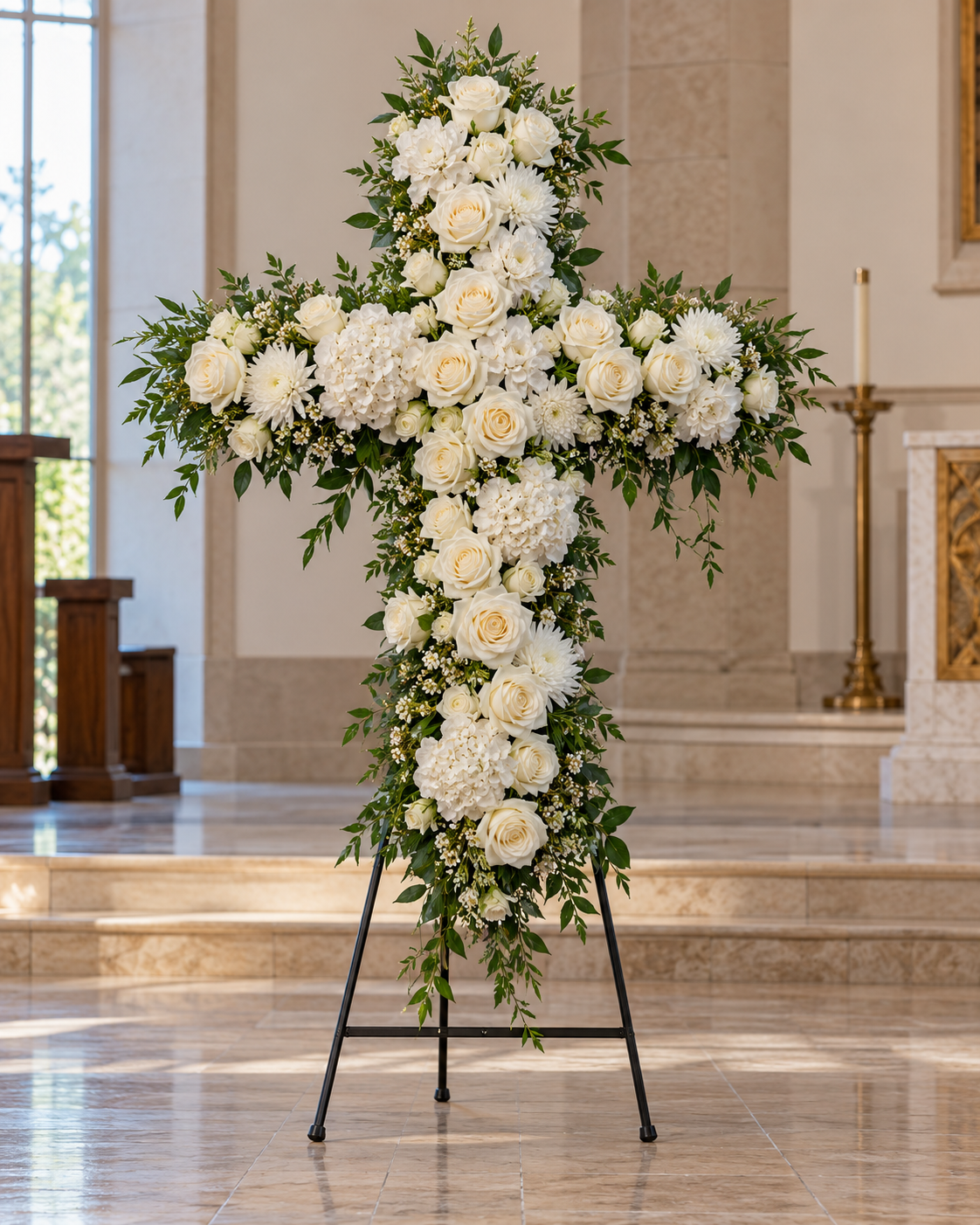 Sacred Cross memorial floral cross made of white roses and hydrangeas with green foliage on a full black easel in a chapel