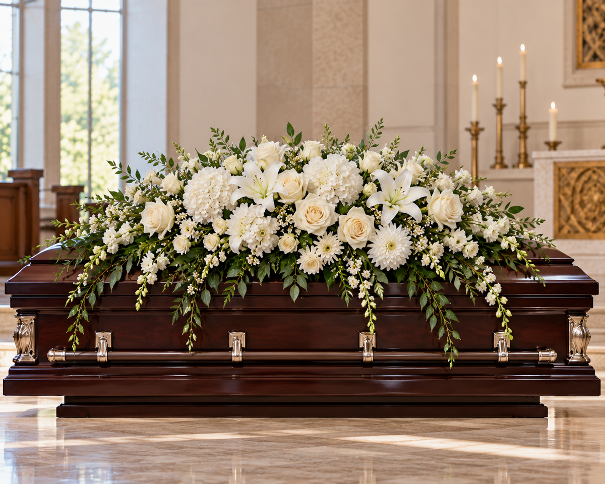 Final Farewell Casket Spray white funeral floral arrangement with roses and greenery draping over a dark wood casket