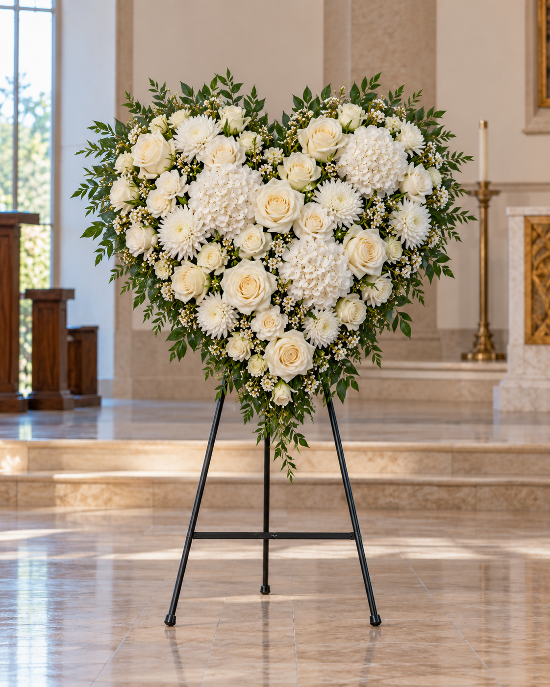 Loving Heart white and ivory heart-shaped sympathy floral tribute with foliage on a complete standing easel