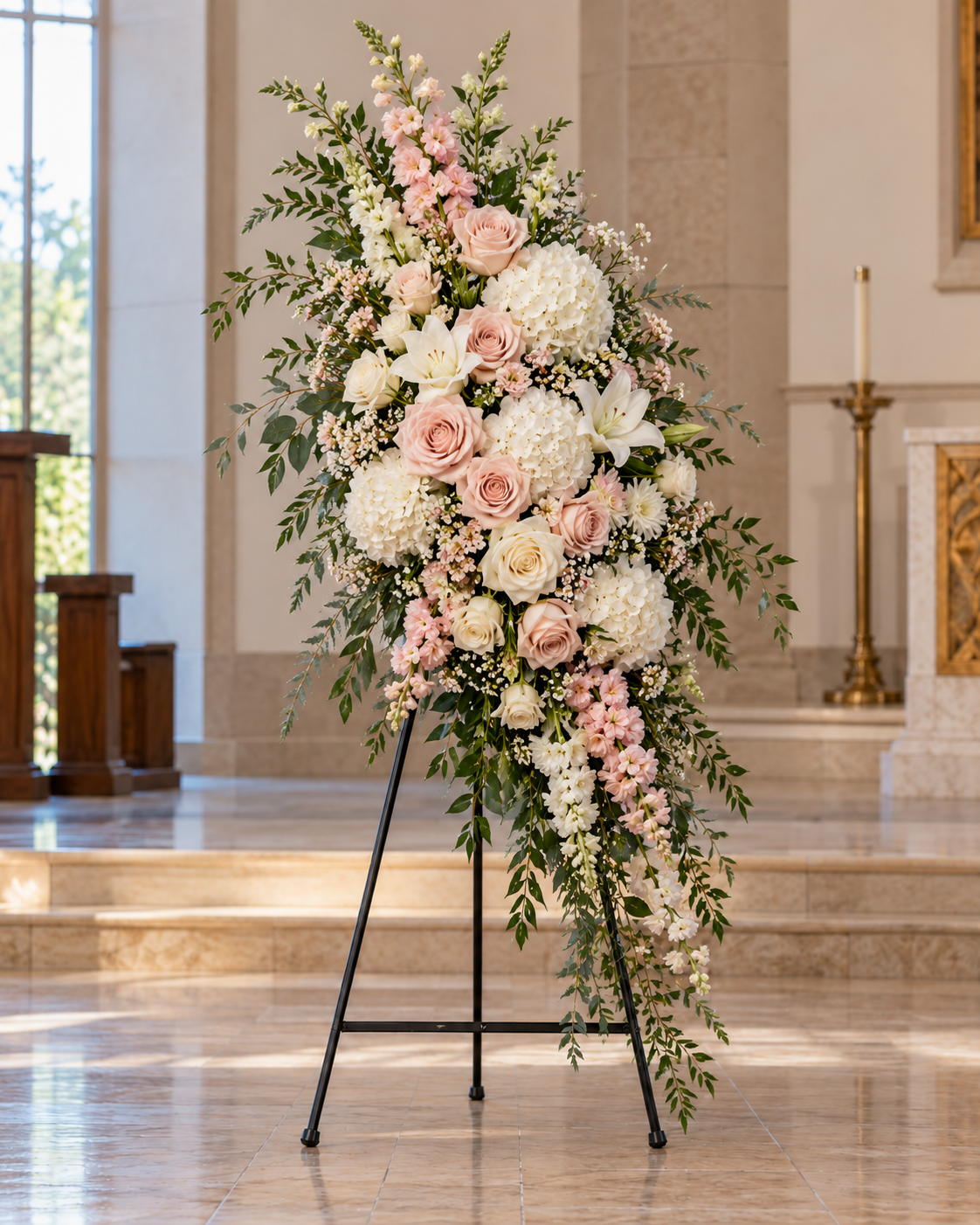 Angel Wings Standing Spray tall blush pink rose and ivory hydrangea memorial flower spray with greenery on full black standing easel