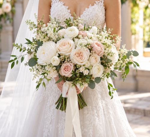 Classic Bride bridal bouquet with ivory, blush, and white premium garden flowers — Flowers Planet Weddings