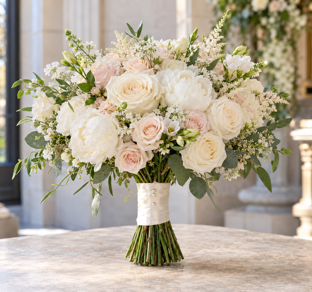 Romantic Touch bridal bouquet with ivory roses, blush flowers, and natural foliage in a bright wedding setting