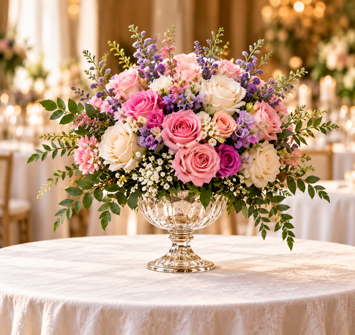 Pink, ivory and lavender floral wedding centerpiece in decorative pedestal vessel
