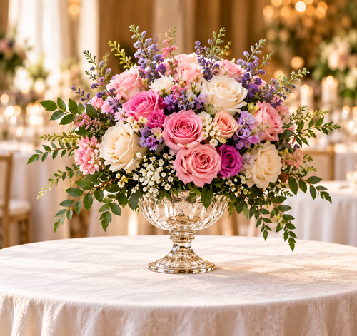 Pink, ivory and lavender floral wedding centerpiece in decorative pedestal vessel