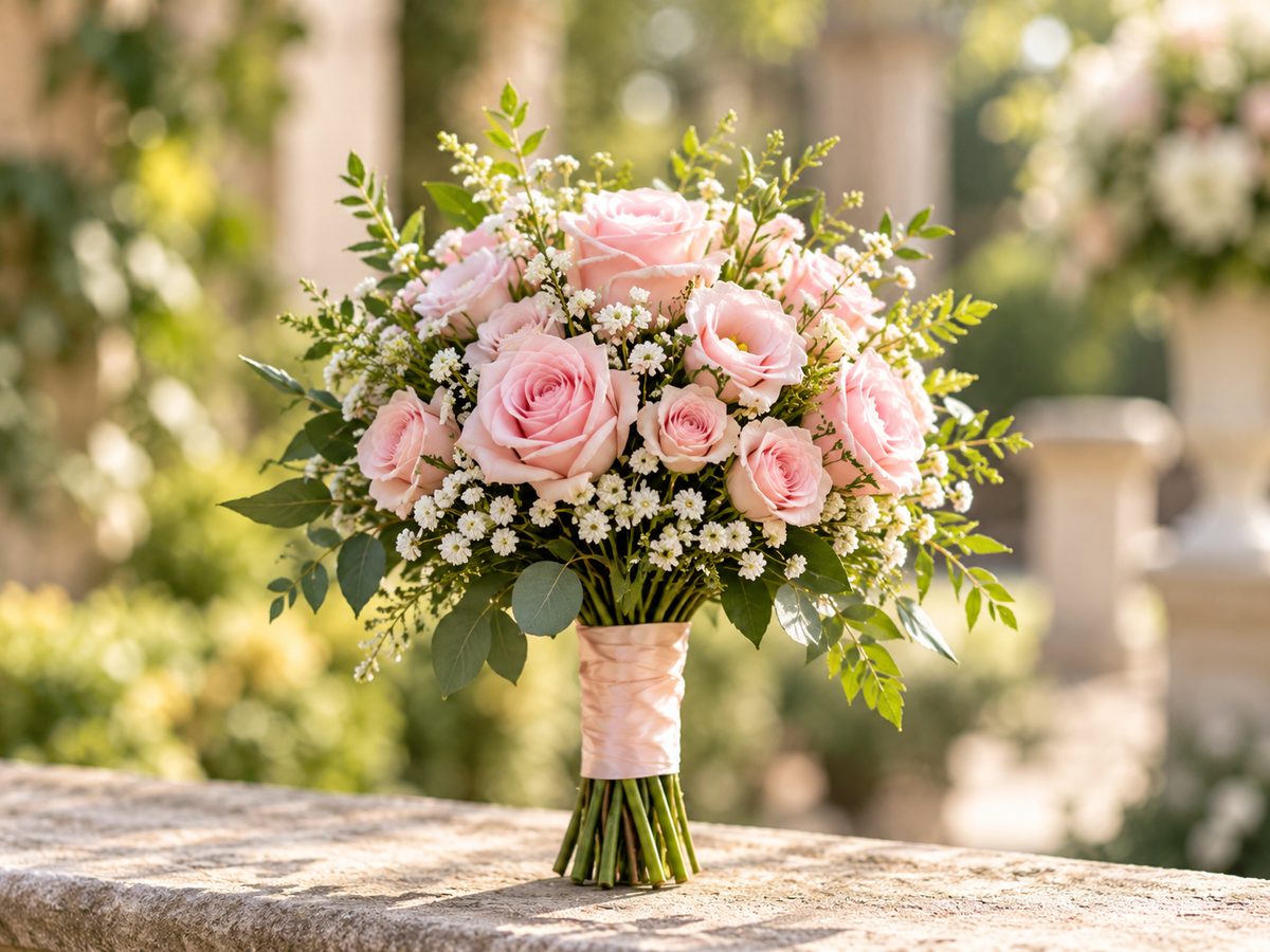 Blush pink hand-tied bridesmaid bouquet with greenery and satin-wrapped stems