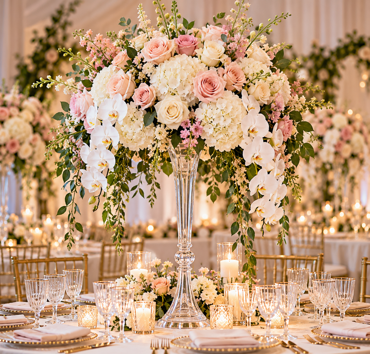 Tall wedding reception centerpiece on a slender transparent glass pedestal with blush roses, cream hydrangeas and trailing white florals, surrounded by candlelit place settings