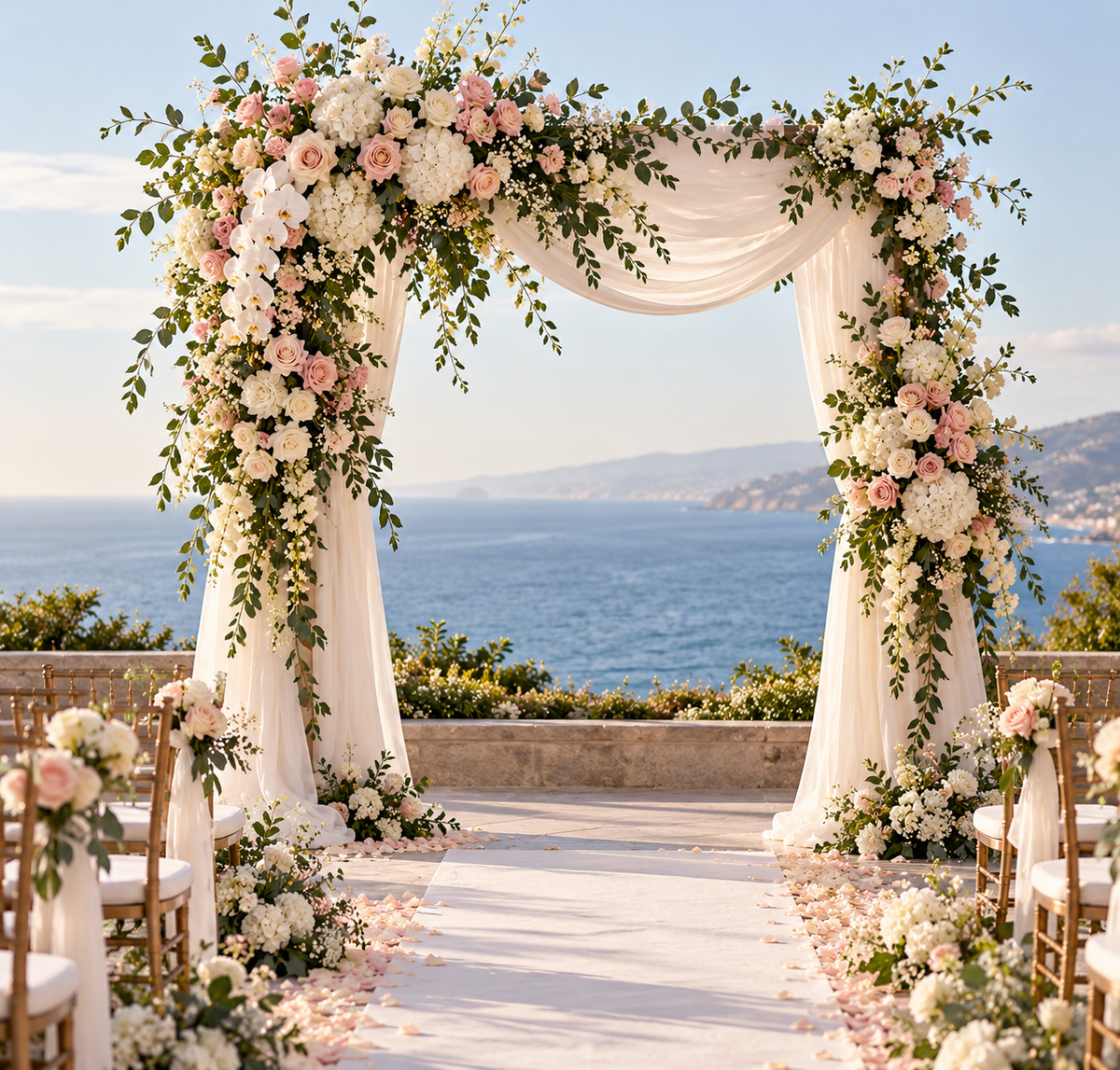 Outdoor coastal wedding ceremony arch fully decorated with blush and ivory roses, white flowers and trailing greenery framing an empty aisle