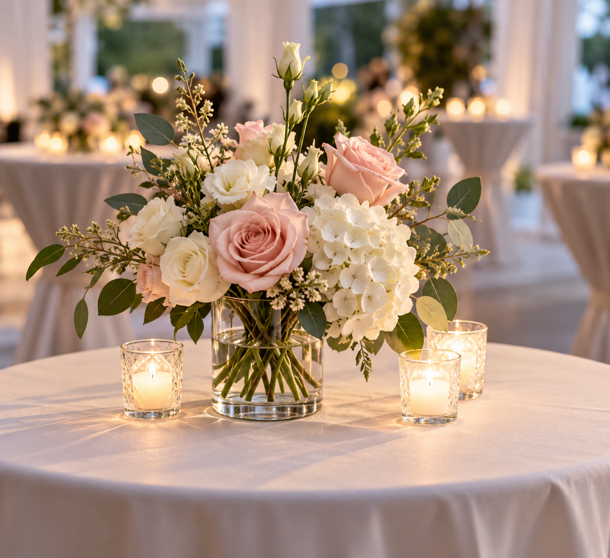 Small wedding cocktail table arrangement of blush and cream roses, white flowers and eucalyptus in clear glass vase beside glass votive candles