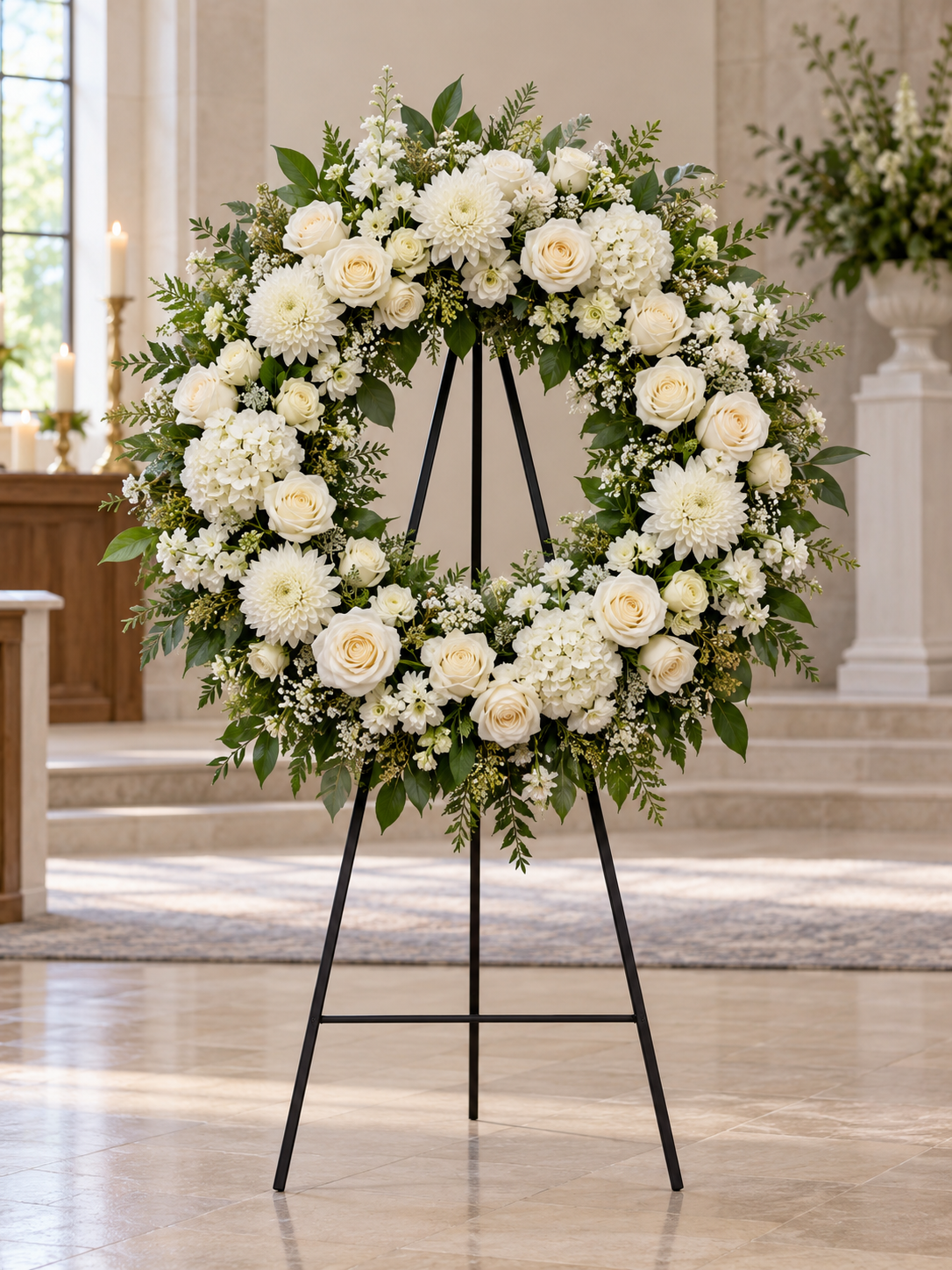 Peaceful Tribute Wreath, circular white and ivory floral sympathy wreath with visible central opening and complete black standing easel in serene chapel