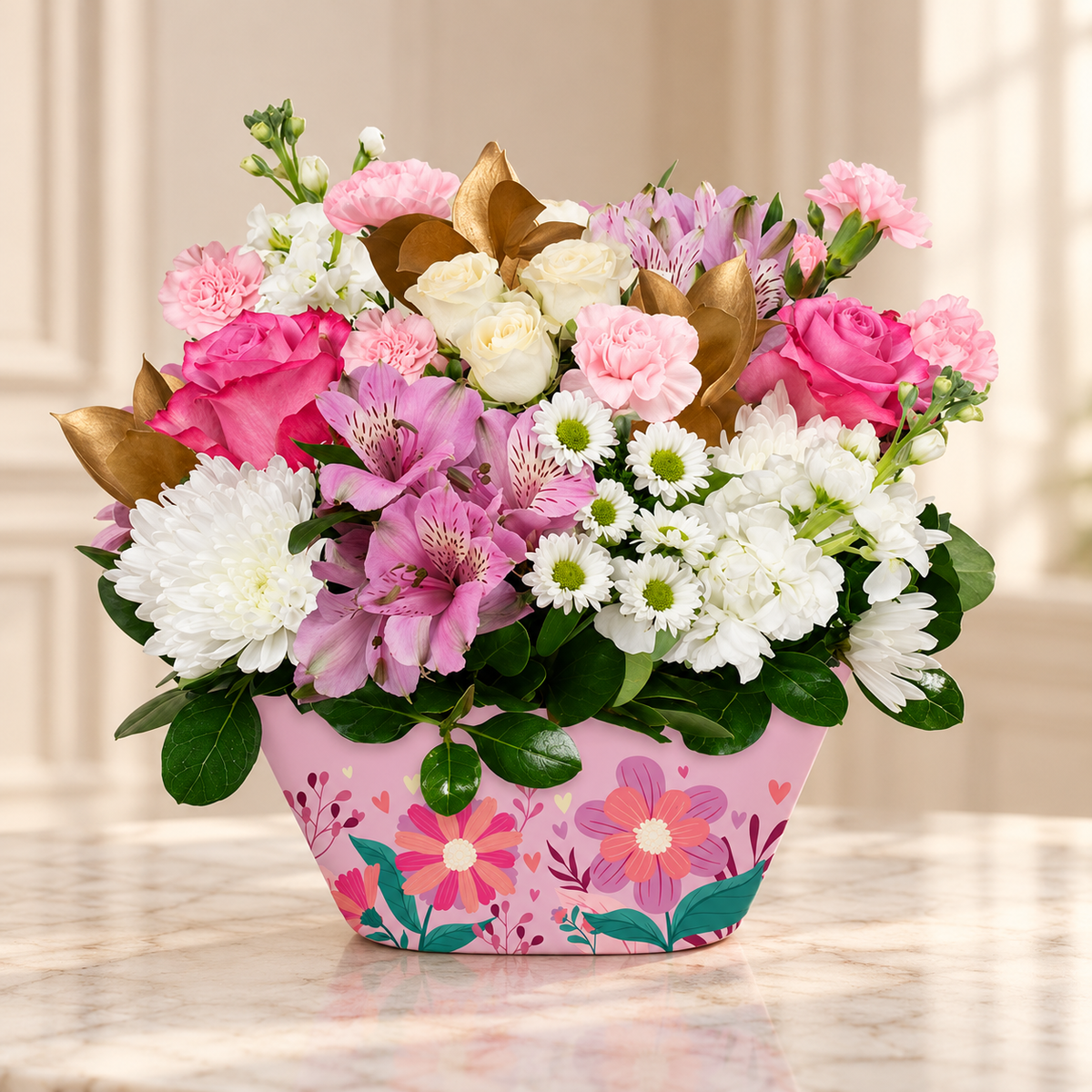 Heart of Joy — Flowers Planet floral arrangement, styled on ivory marble