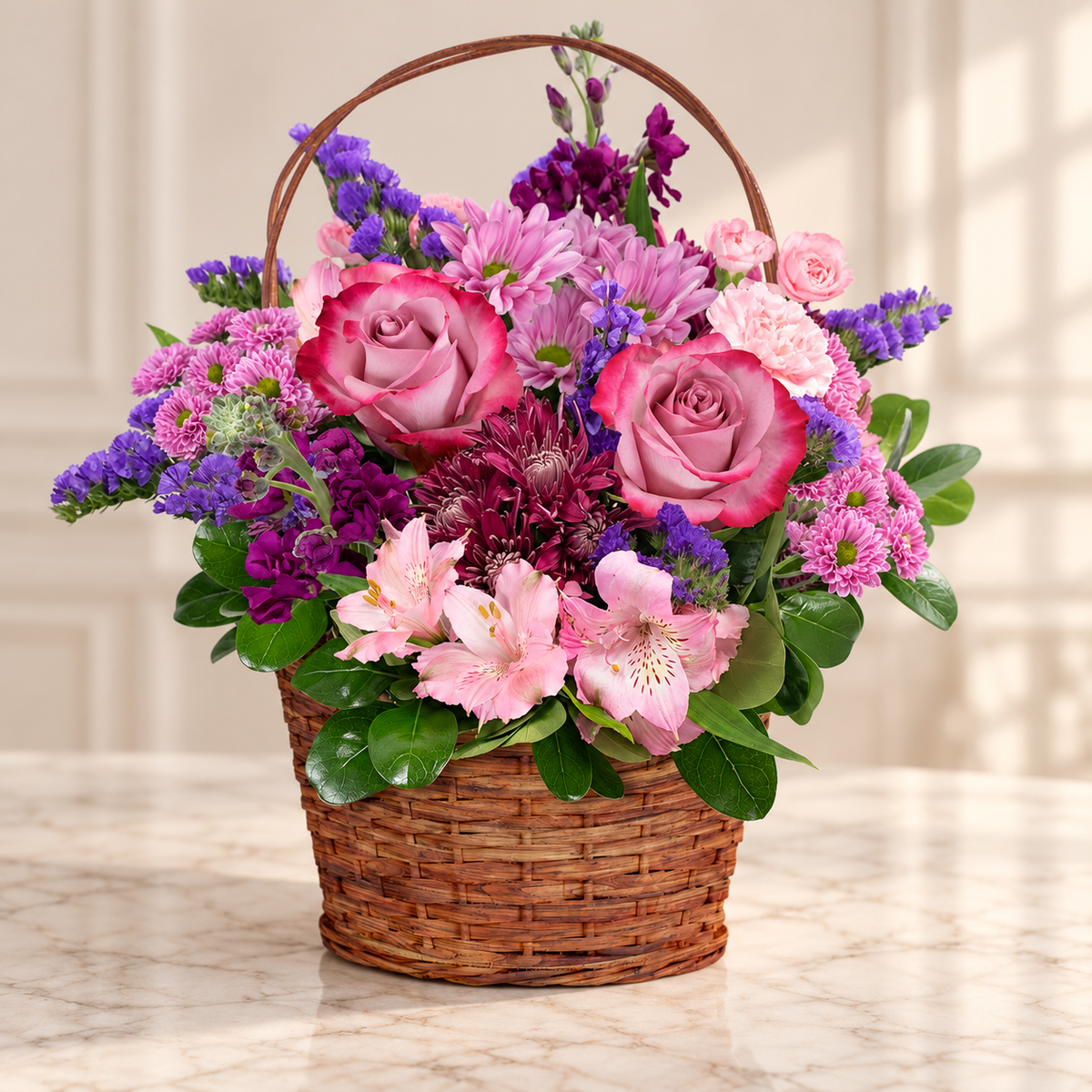 Lavender Grace — Flowers Planet floral arrangement, styled on ivory marble