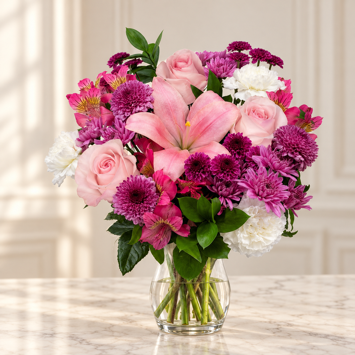 Lilac Dreams — Flowers Planet floral arrangement, styled on ivory marble
