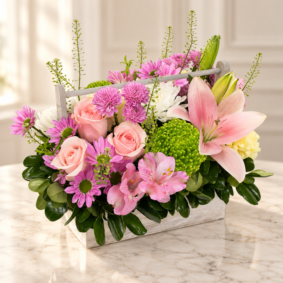 Secret Garden — Flowers Planet floral arrangement, styled on ivory marble