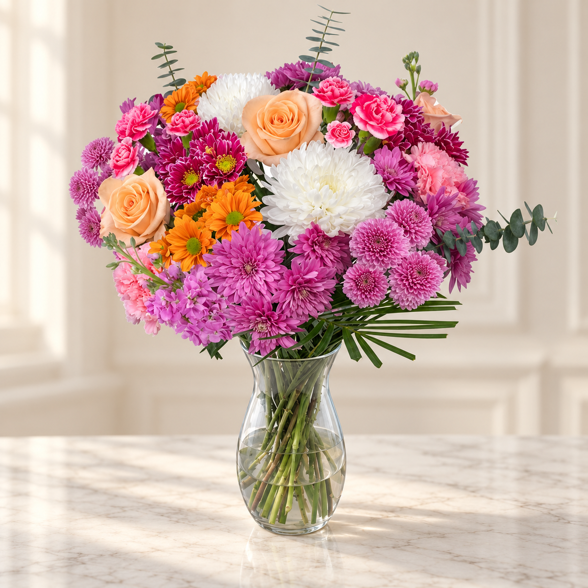 Serene Love — Flowers Planet floral arrangement, styled on ivory marble