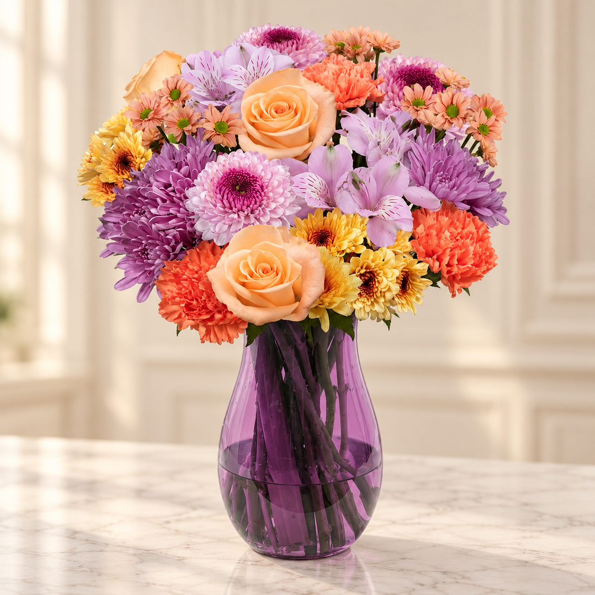 Simply Adored — Flowers Planet floral arrangement, styled on ivory marble