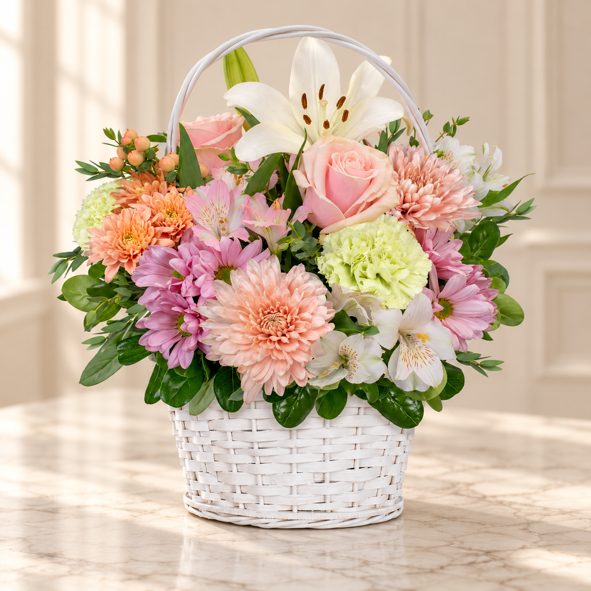 Spring Basket — Flowers Planet floral arrangement, styled on ivory marble