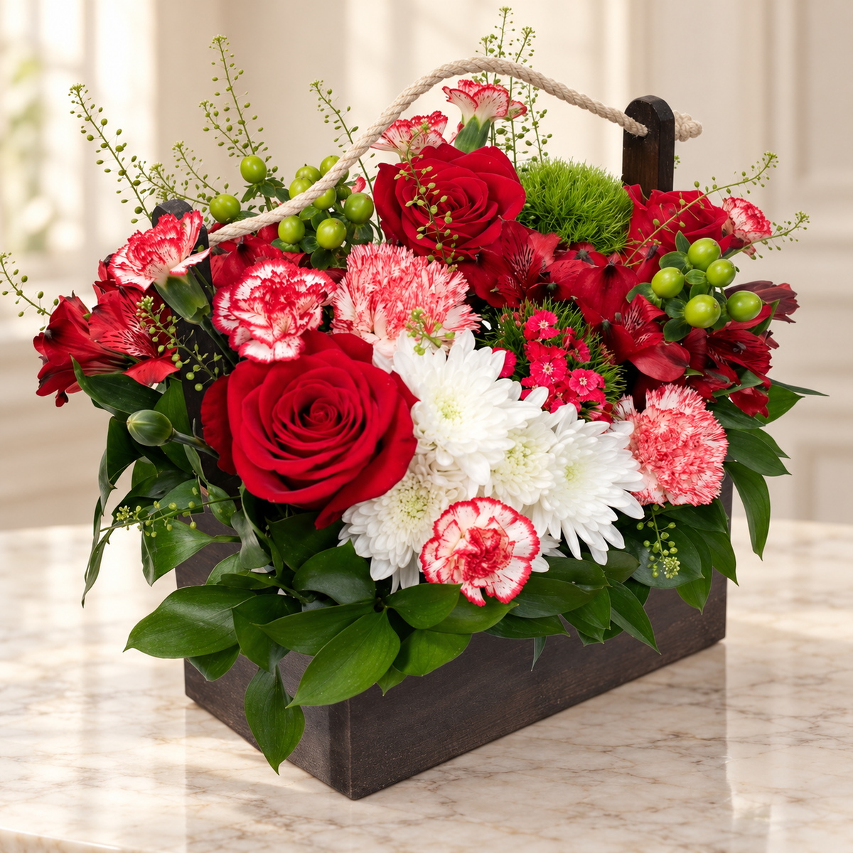 Warm Embrace — Flowers Planet floral arrangement, styled on ivory marble